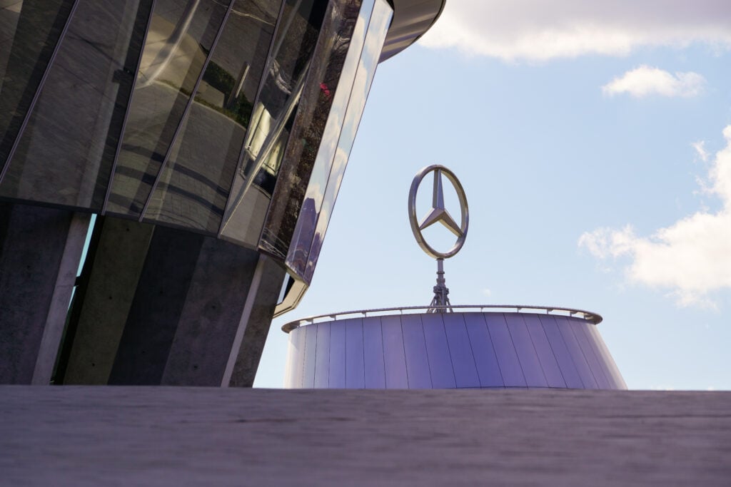 Mercedes' famous logo atop the Mercedes Benz Headquarters in Stuttgart, Germany.
