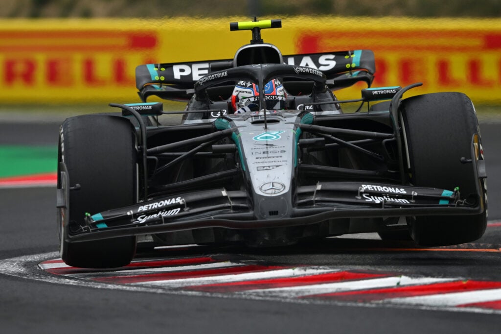 Kimi Antonelli driving his Mercedes F1 car at the 2025 Hungarian Grand Prix.