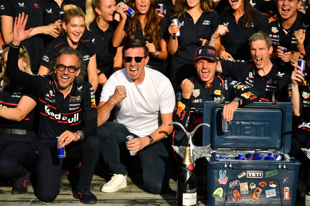 Red Bull driver Max Verstappen celebrates winning the 2025 F1 Italian Grand Prix with co-owner Mark Mateschitz