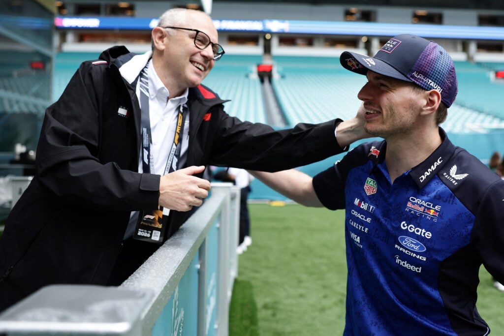 Stefano Domenicali, CEO of the Formula One Group and Red Bull driver Max Verstappen at the Miami Gardens ahead of the Miami Grand Prix.
