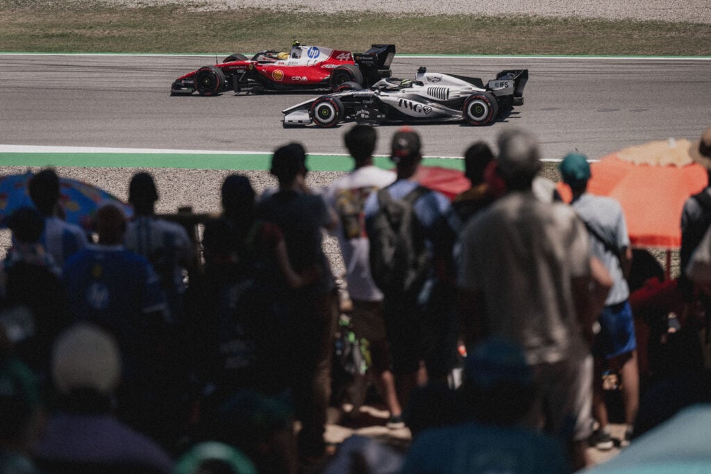 Cadillac driver Sergio Perez on track with Ferrari's Lewis Hamilton during practice at the 2026 F1 Barcelona-Catalunya Grand Prix