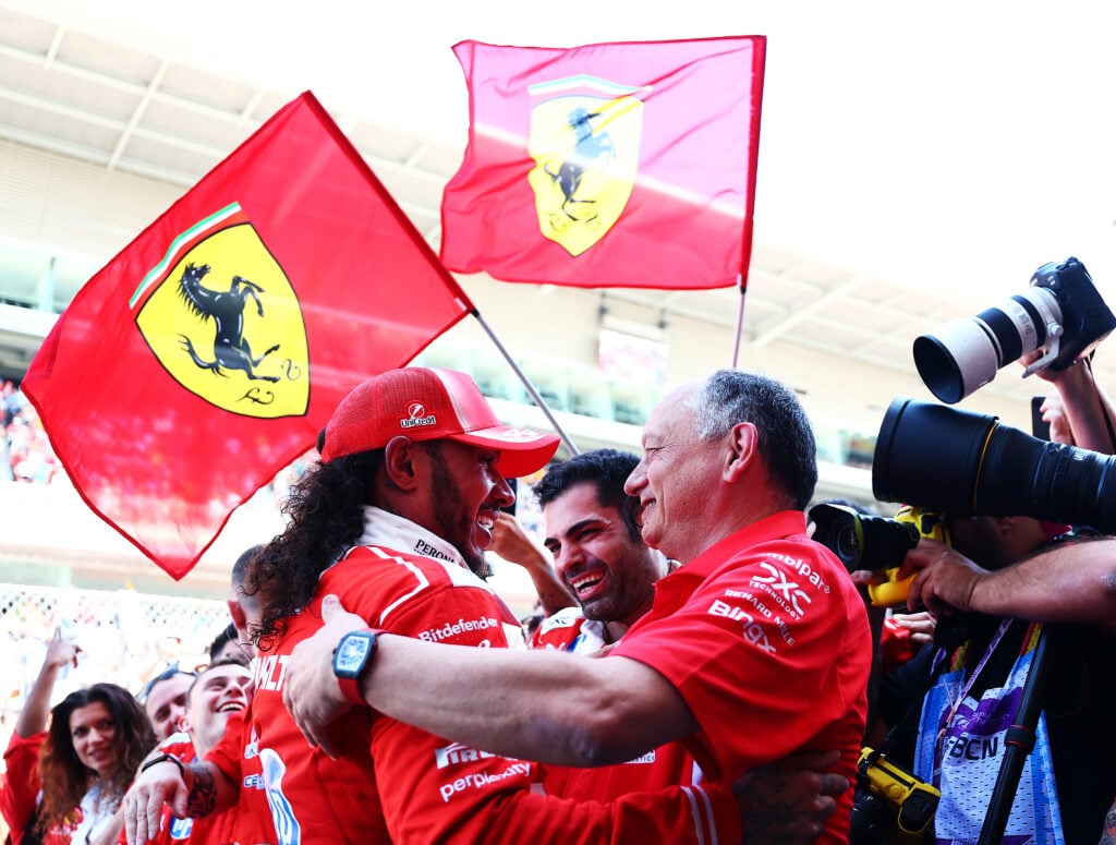 Ferrari driver Lewis Hamilton celebrates with team principal Fred Vasseur after winning the 2026 F1 Barcelona-Catalunya Grand Prix