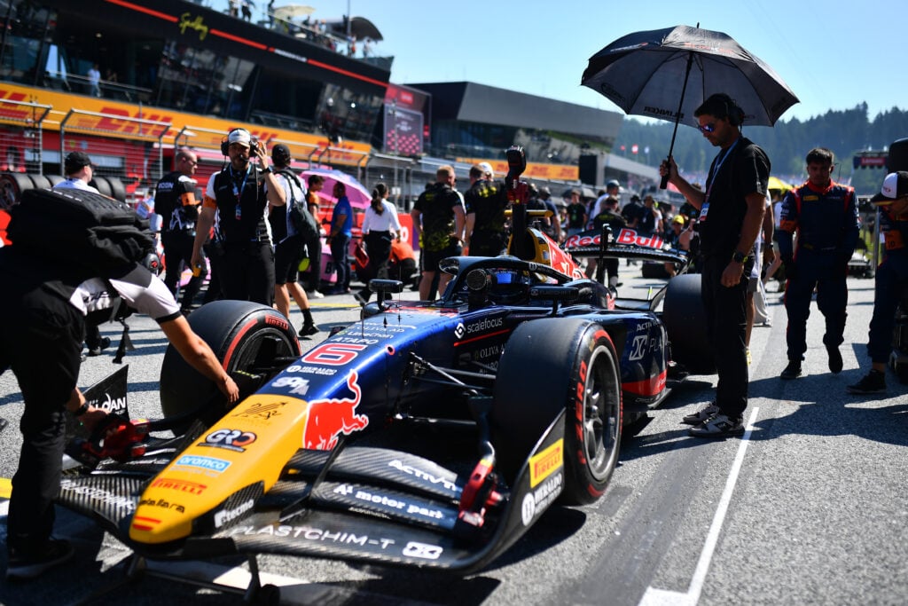 Nikola Tsolov in his Red Bull-branded F1 car on the grid ahead of the 2026 Spielberg Feature Race.