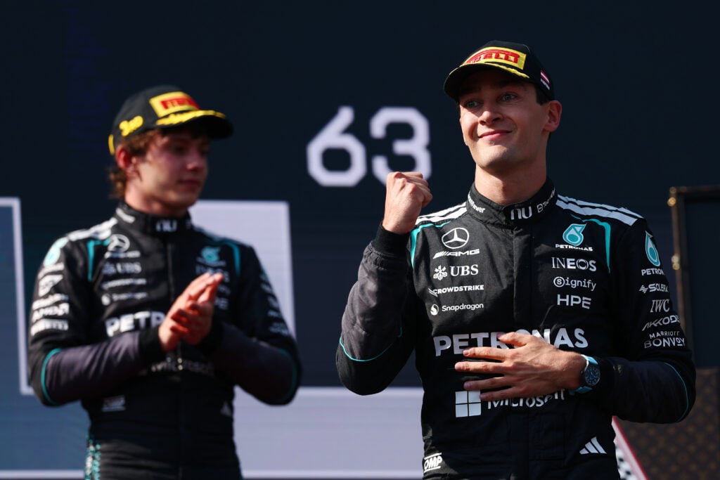 Kimi Antonelli and George Russell of Mercedes at the Austrian Grand Prix.