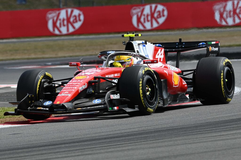 Lewis Hamilton driving his Ferrari F1 car during qualifying at the 2026 British Grand Prix.