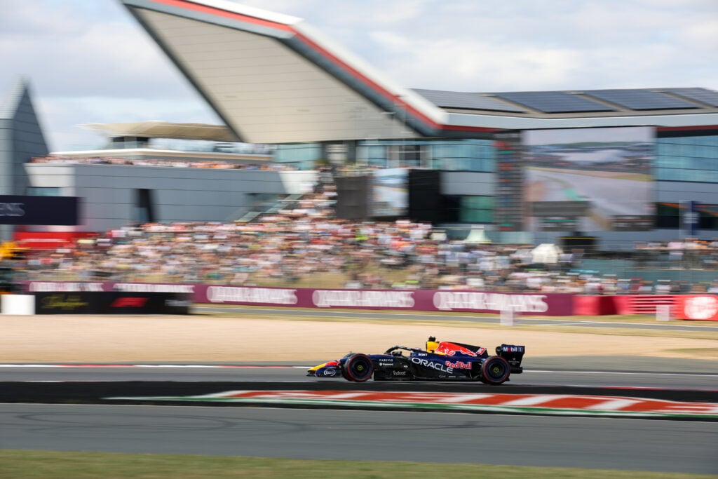Red Bull driver Max Verstappen on track at the 2026 F1 British Grand Prix