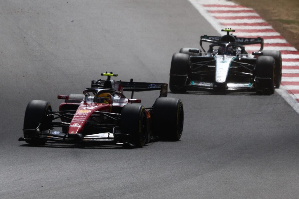 Ferrari driver Lewis Hamilton leads Mercedes' Andrea Kimi Antonelli on track during the 2026 F1 British Grand Prix