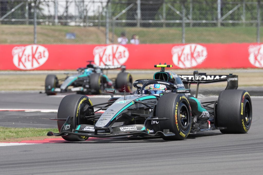 Mercedes' Andrea Kimi Antonelli leads teammate George Russell on track at the 2026 F1 British Grand Prix