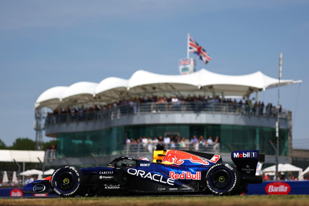 Red Bull driver Max Verstappen on track during practice at the 2026 F1 British Grand Prix