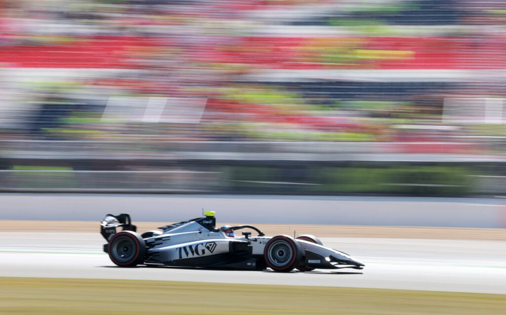Hitech F2 driver Colton Herta on track during qualifying at the 2026 F1 Britsh Grand Prix