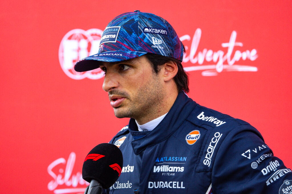 Carlos Sainz speaking to the media at the 2026 British Grand Prix.