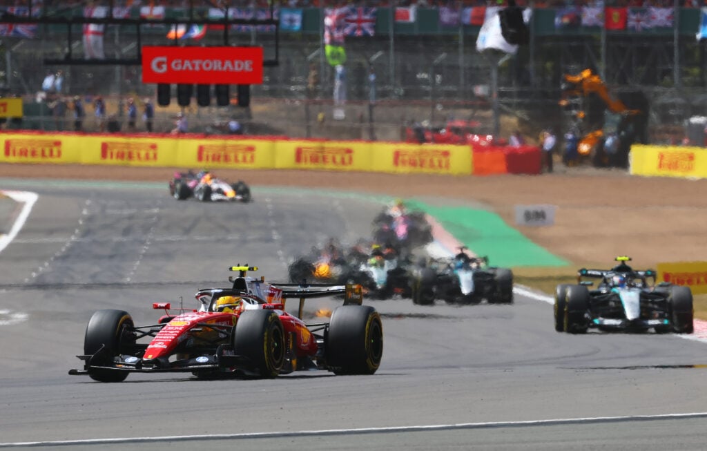 Lewis Hamilton of Ferrari leads Kimi Antonelli of Mercedes in the British Grand Prix Sprint