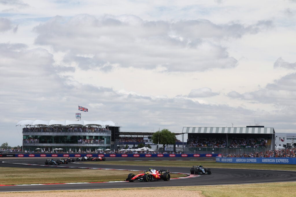 Ferrari's Lewis Hamilton leads Mercedes' Andrea Kimi Antonelli on track during the Silverstone Sprint at the 2026 F1 British Grand Prix