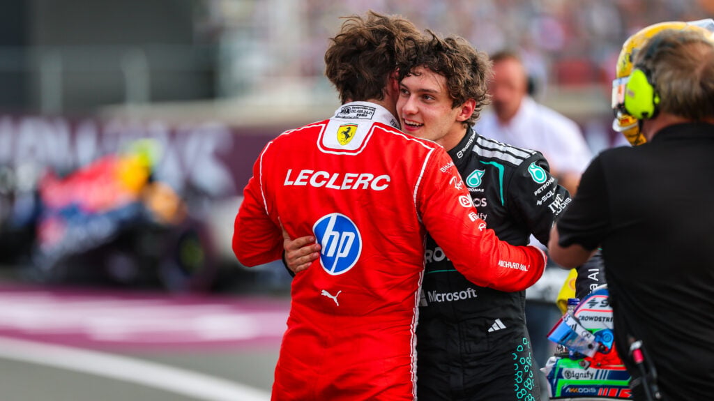 Ferrari driver Charles Leclerc congratulates Mercedes' Andrea Kimi Antonelli on scoring pole position after qualifying for the 2026 F1 British Grand Prix