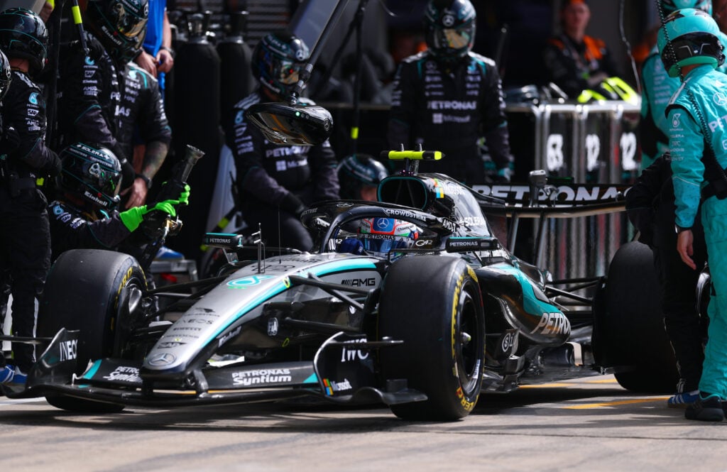 Kimi Antonelli of Mercedes in the garage at the British Grand Prix.