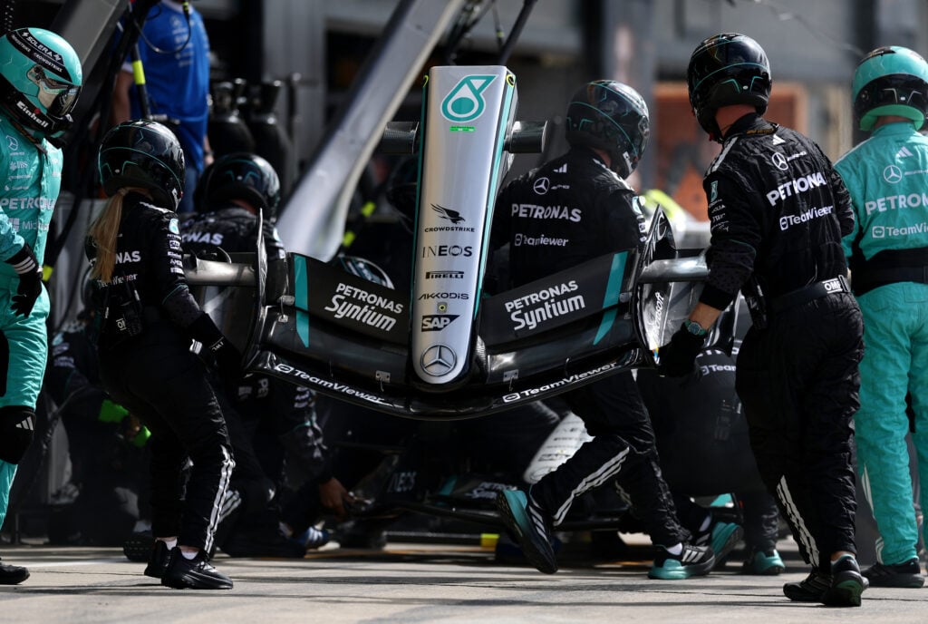 Mercedes driver Kimi Antonelli has his car worked on during the British Grand Prix.