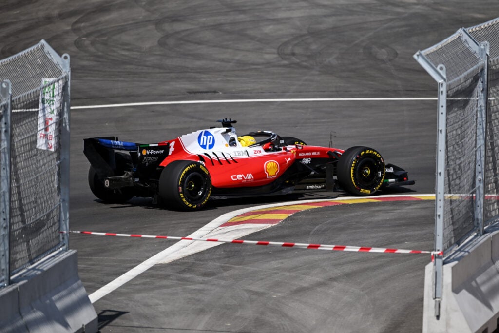 Lewis Hamilton of Ferrari during the team's filming day test at the Madring circuit in Madrid, Spain.