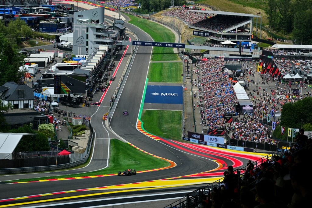 Max Verstappen going through Radillon/Eau Rouge in his Red Bull F1 car during FP1 at the 2026 Belgian Grand Prix.