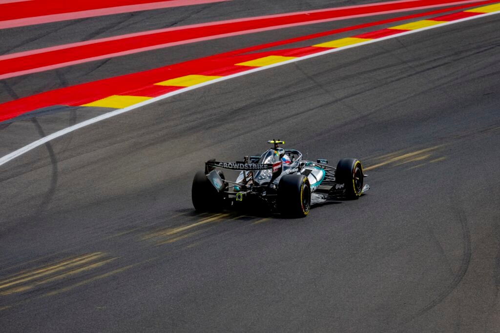 Kimi Antonelli heading up Radillon/Eau Rouge during FP1 at the 2026 Belgian Grand Prix.