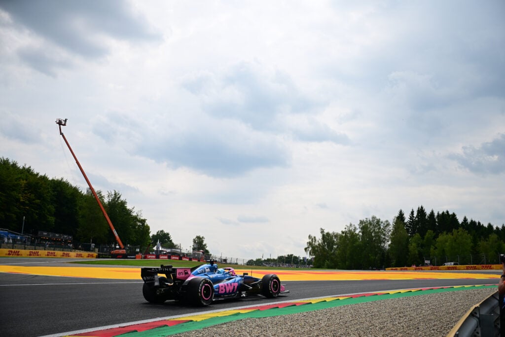 Alpine driver Pierre Gasly on track during practice at the 2026 F1 Belgian Grand Prix