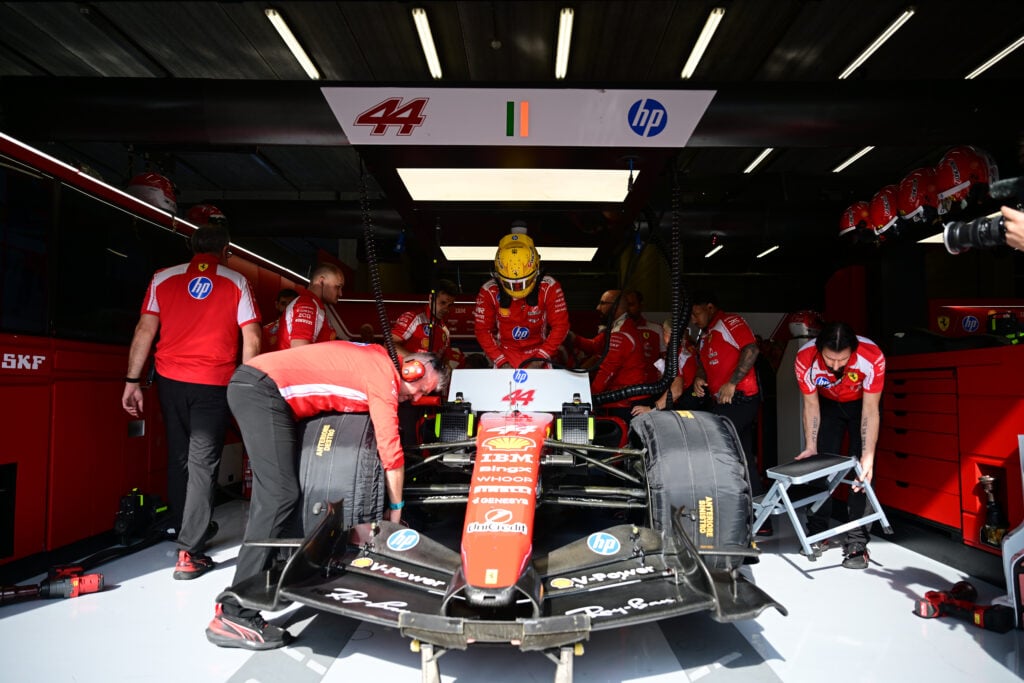 Ferrari driver Lewis Hamilton in the garage during practice at the 2026 F1 Belgian Grand Prix