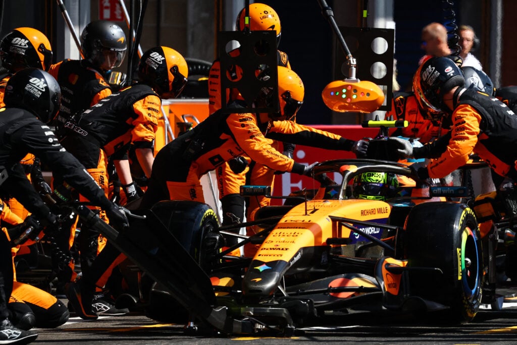 McLaren driver Lando Norris makes a pit stop during the 2026 F1 Belgian Grand Prix