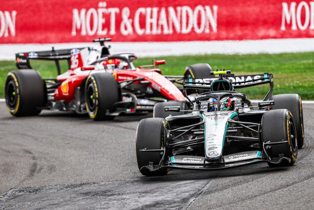 Mercedes driver Andrea Kimi Antonelli leads Ferrari's Charles Leclerc on track during the 2026 F1 Belgian Grand Prix