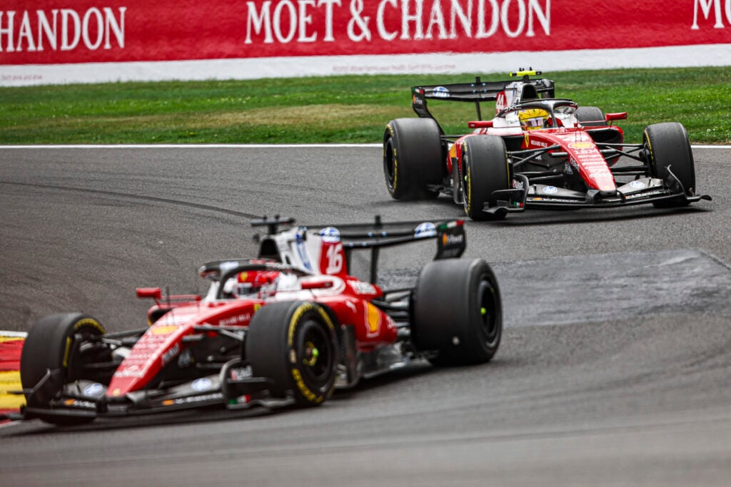 Ferrari drivers Lewis Hamilton and Charles Leclerc on track during the 2026 F1 Belgian Grand Prix