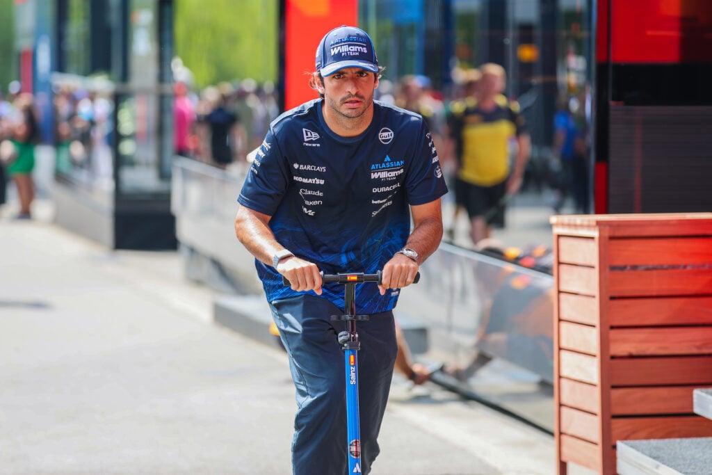Carlos Sainz of Williams arrives at the Belgian Grand Prix.