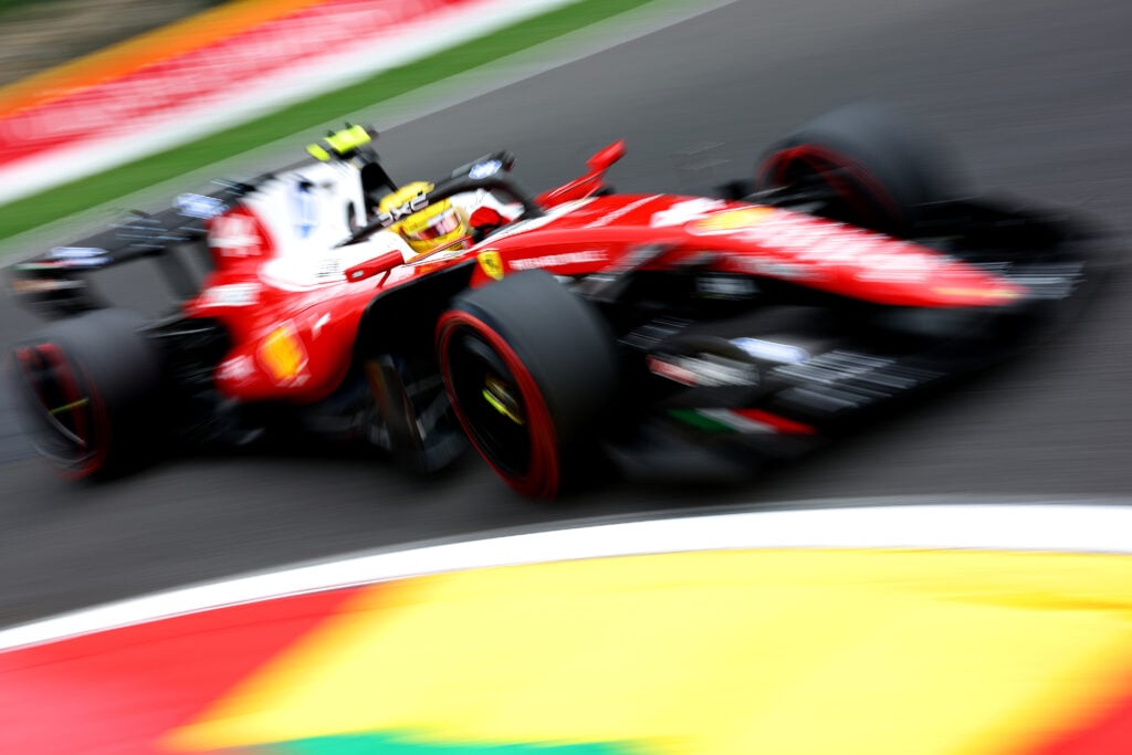 Ferrari driver Lewis Hamilton on track during practice at the 2026 F1 Belgian Grand Prix