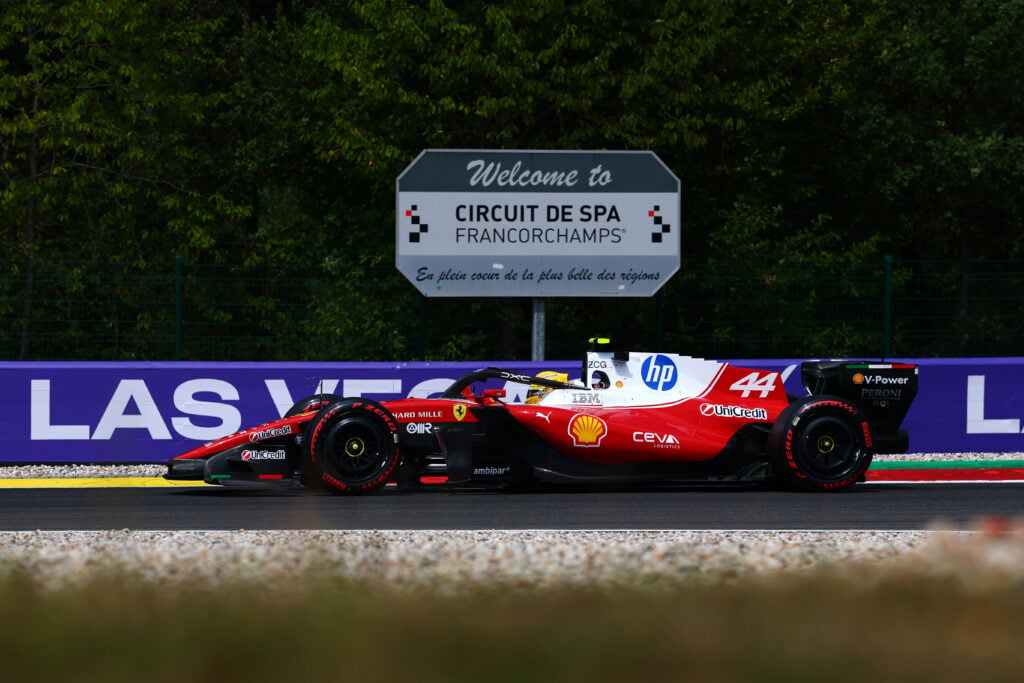 Lewis Hamilton at the wheel of his Ferrari F1 car at the 2026 Belgian Grand Prix.