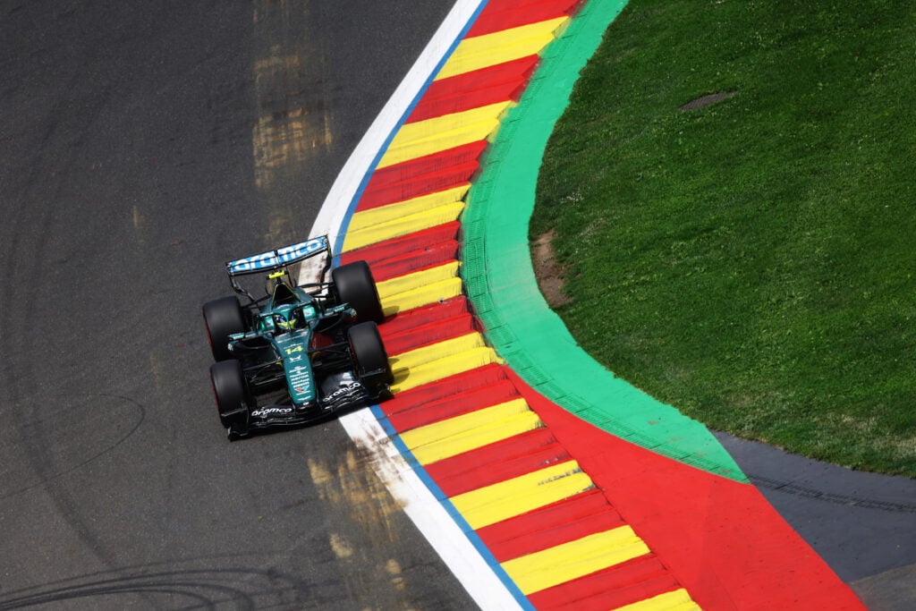Aston Martin driver Fernando Alonso on track during practice at the 2026 F1 Belgian Grand Prix