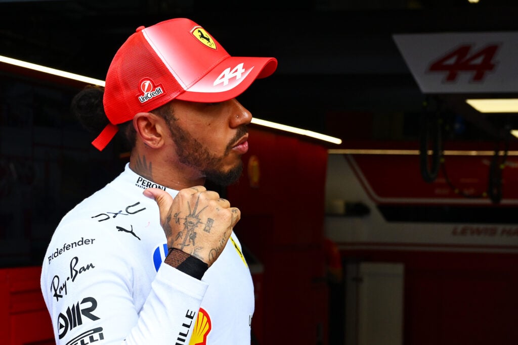 Ferrari driver Lewis Hamilton in the pit lane after his FP3 crash at the 2026 F1 Belgian Grand Prix