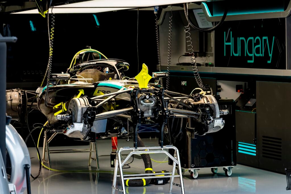 Mercedes work on George Russell's car in garage ahead of the 2026 F1 Hungarian Grand Prix