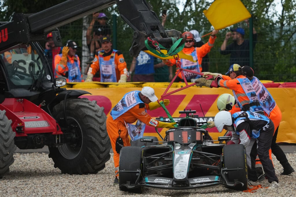 George Russell of Mercedes after his crash at the Belgian Grand Prix