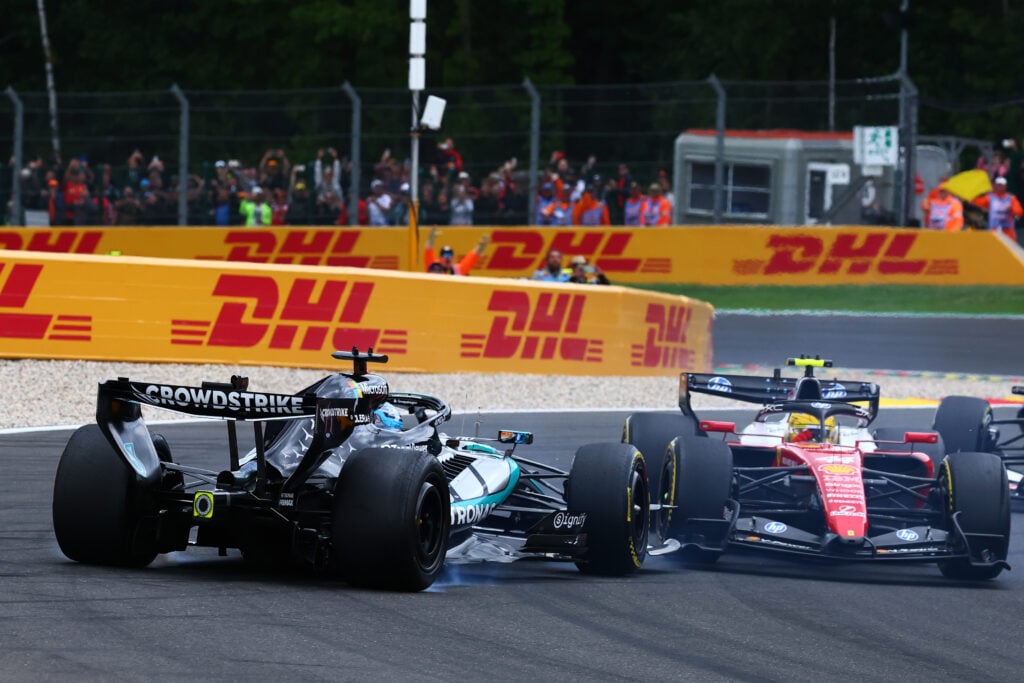 George Russell of Mercedes after a collision with Lewis Hamilton of Ferrari at the Belgian Grand Prix.