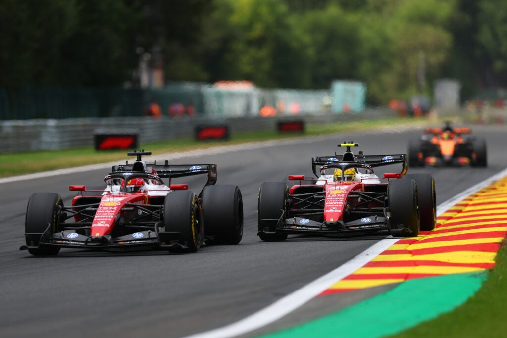 Ferrari drivers Lewis Hamilton and Charles Leclerc on track during the 2026 F1 Belgian Grand Prix