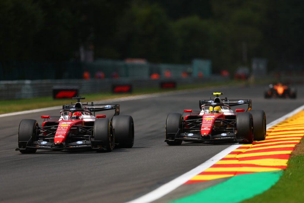 Charles Leclerc and Lewis Hamilton of Ferrari at the Belgian Grand Prix