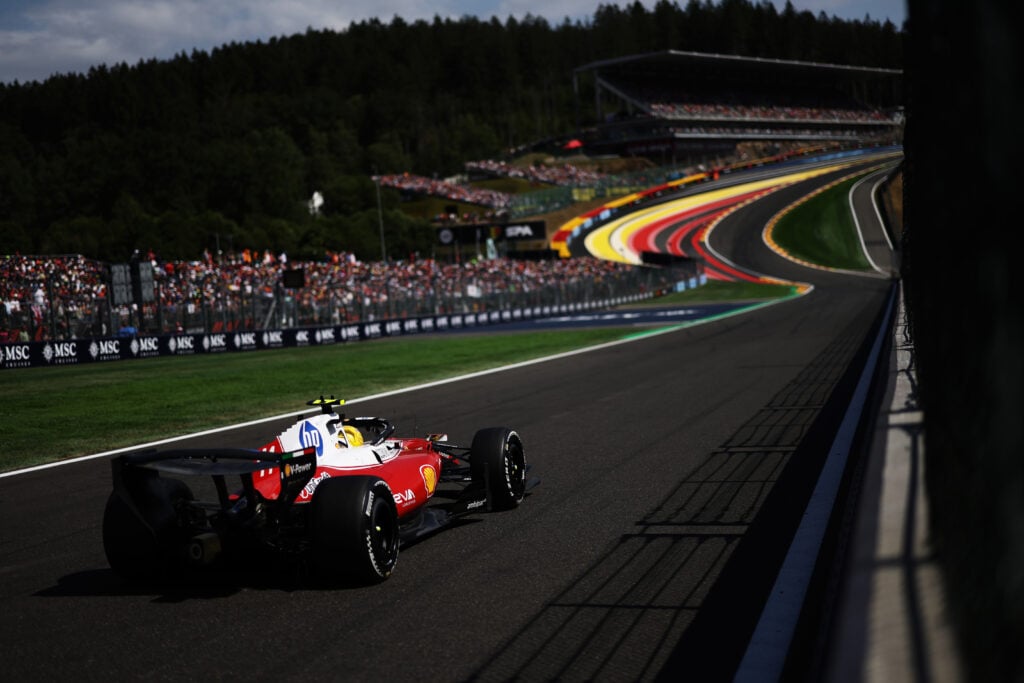 Ferrari driver Lewis Hamilton on track during the 2026 F1 Belgian Grand Prix