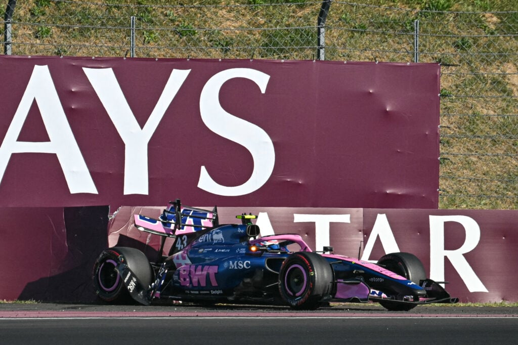 Franco Colapinto's stricken Alpine F1 car after his crash during FP2 at the 2026 Hungarian Grand Prix