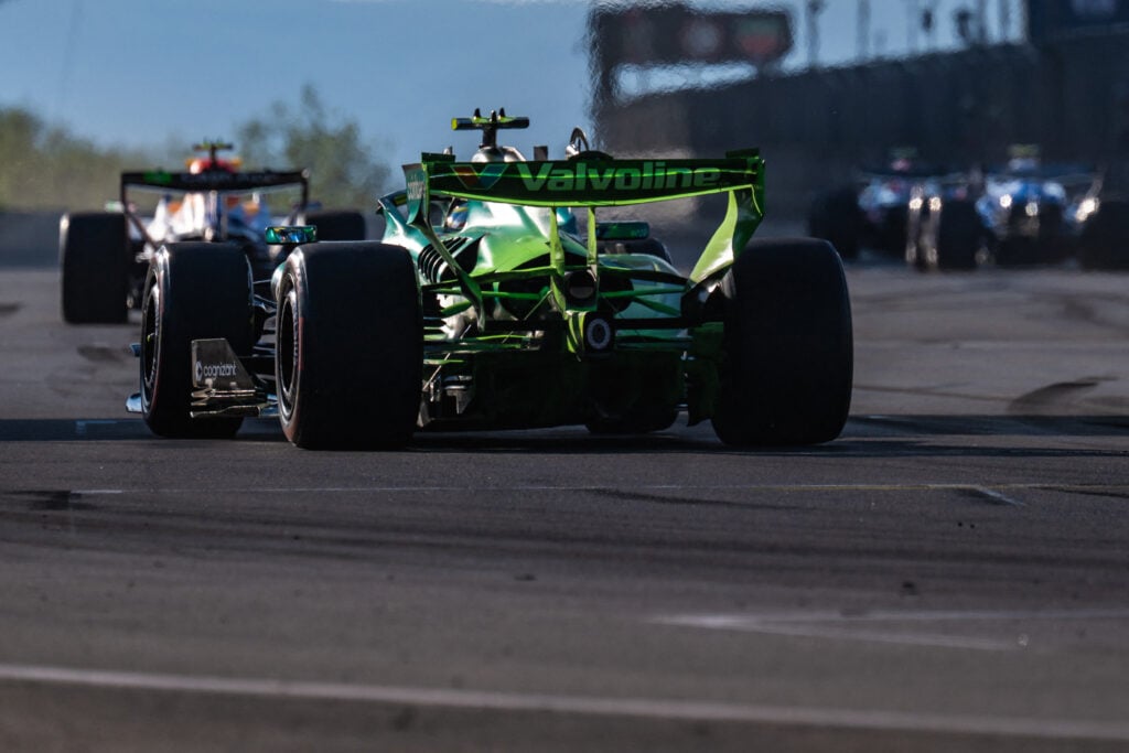 Fernando Alonso on track during practice at the 2026 F1 Hungarian Grand Prix with Aston Martin's upgraded rear suspension