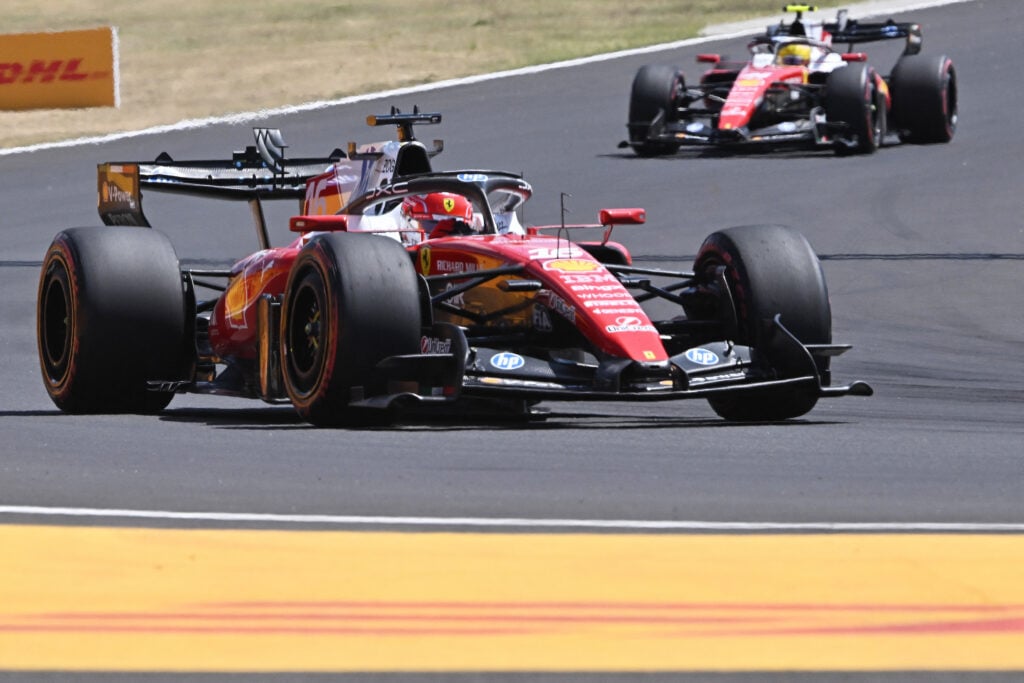 Lewis Hamilton and Charles Leclerc of Ferrari at the Hungarian Grand Prix.