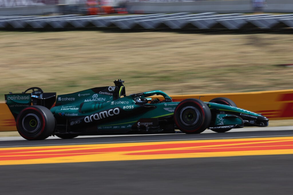 Lance Stroll of Aston Martin driving at the Hungarian Grand Prix.