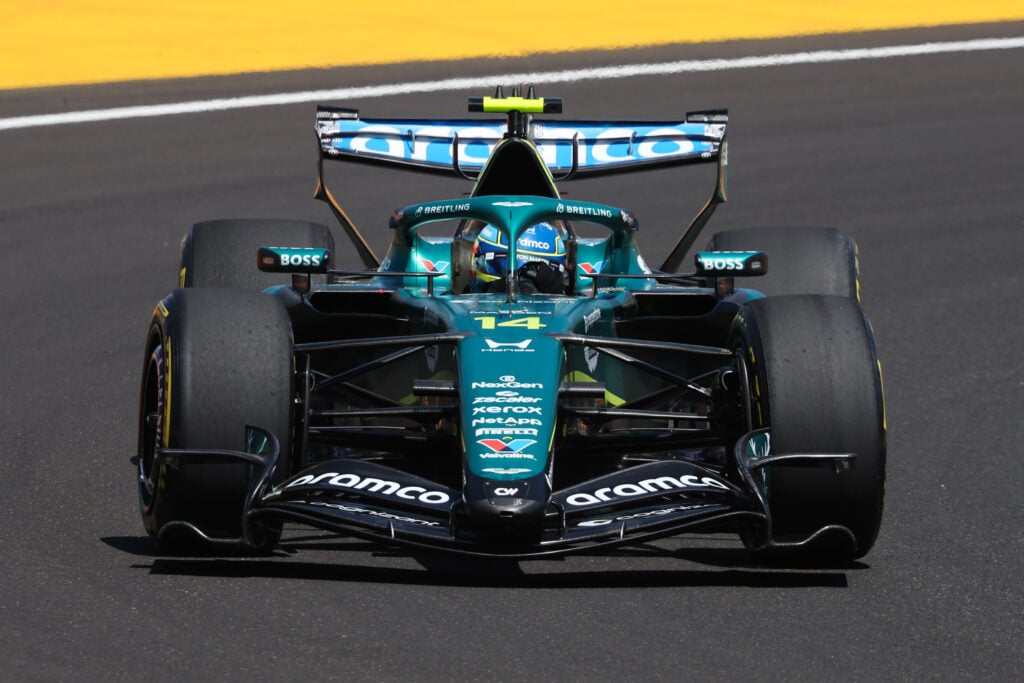 Fernando Alonso of Aston Martin driving the AMR26 at the Hungarian Grand Prix practice.