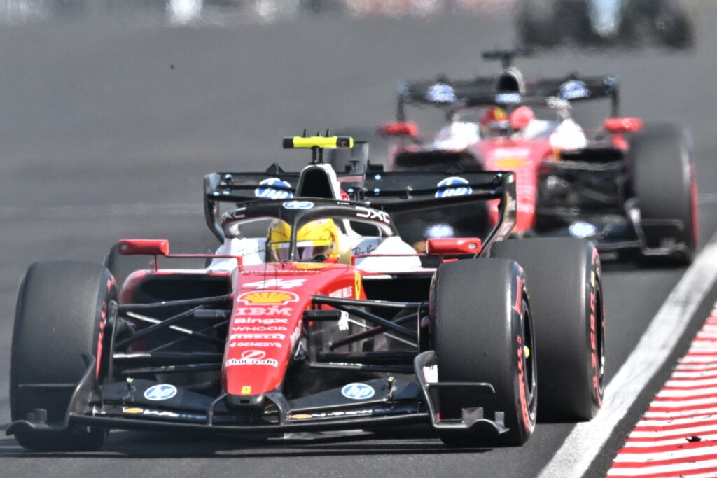 Lewis Hamilton and Charles Leclerc of Ferrari at the Hungarian Grand Prix.