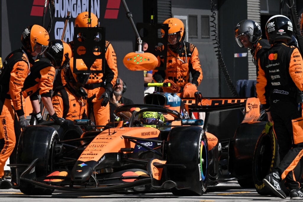 McLaren driver Lando Norris makes a pit stop during the 2026 F1 Hungarian Grand Prix