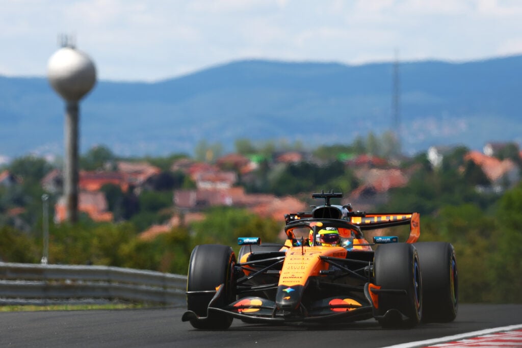 McLaren reserve driver Leonardo Fornaroli on track during practice at the 2026 F1 Hungarian Grand Prix trying their Macarena rear wing