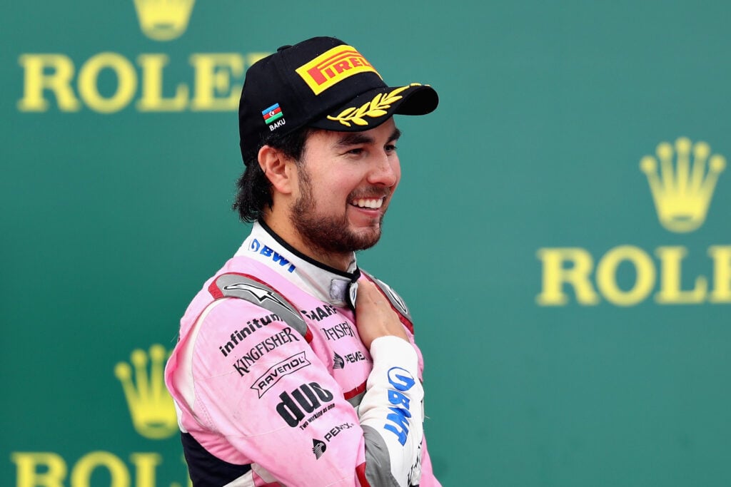 Sergio Perez of Force India on the podium at the 2018 Azerbaijan Grand Prix.