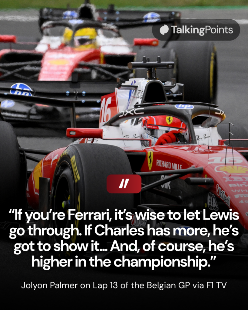 Ferrari driver Charles Leclerc leads teammate Lewis Hamilton on track during the 2026 F1 Belgian Grand Prix