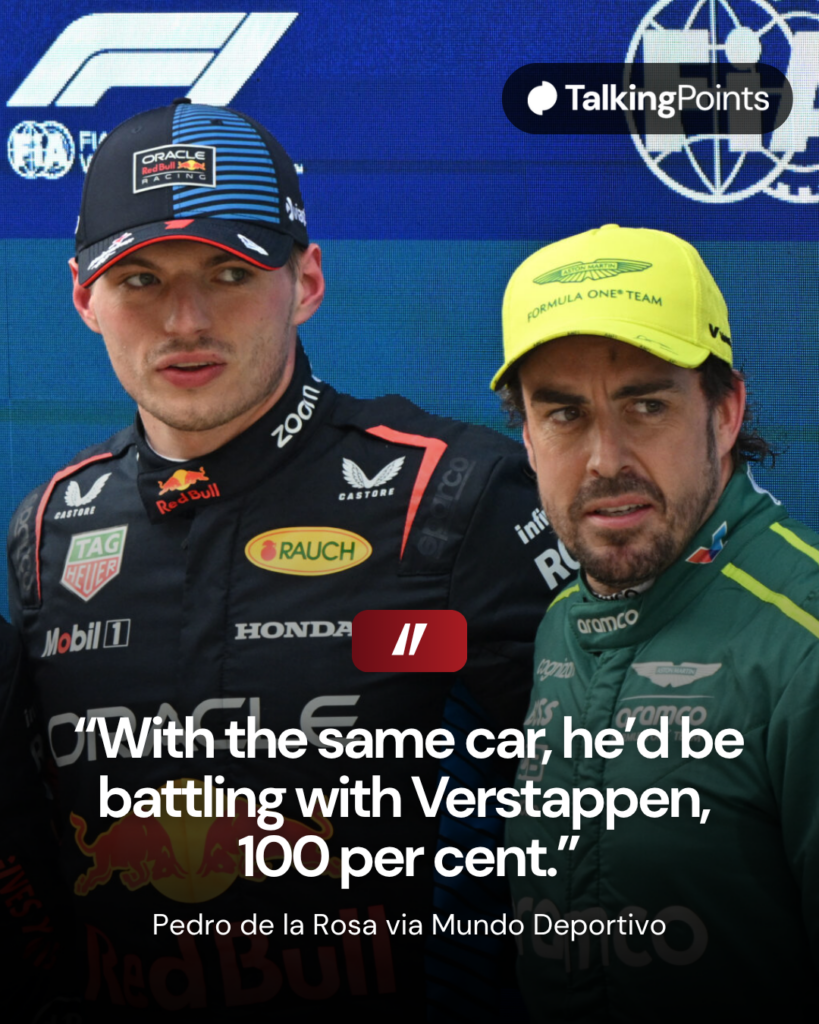 Max Verstappen and Fernando Alonso posing for a photo after qualiifying for the 2024 Chinese Grand Prix.